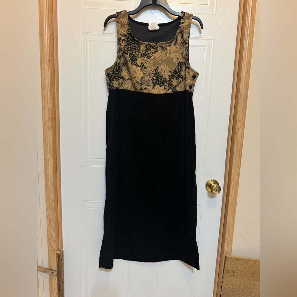 R & K Petites Sz 8P Black/Tan Microsuede Middie Dress VGUC 😊😊
